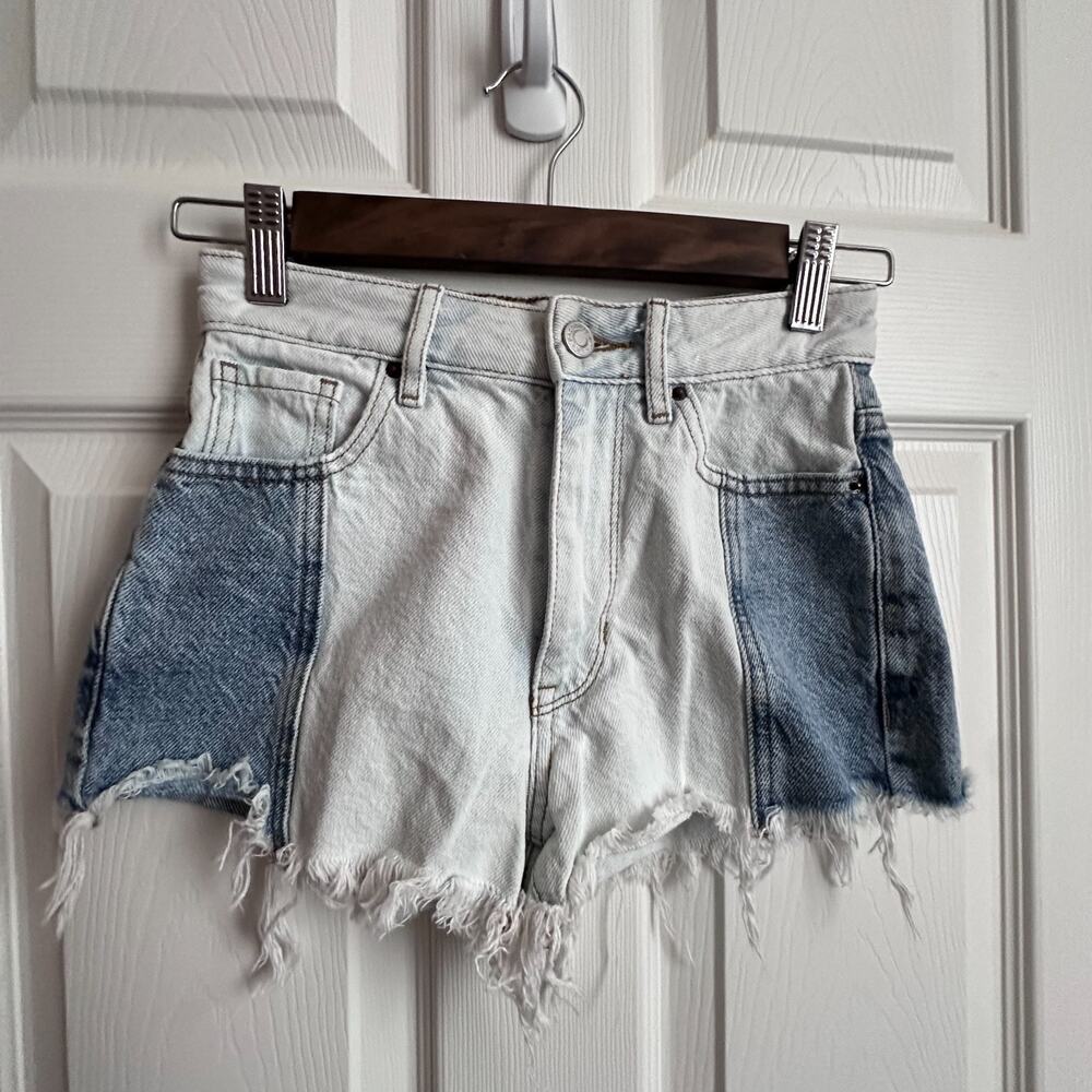 PacSun Two Tone High Rise Festival Denim Cut Off Frayed Hem Colorblock Shorts 22